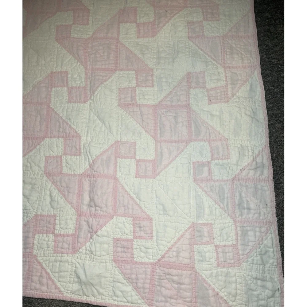 VTG ANTIQUE HANDMADE QUILT 69x69 Drunkard's Path Pink White Cottage 1920's Loved
